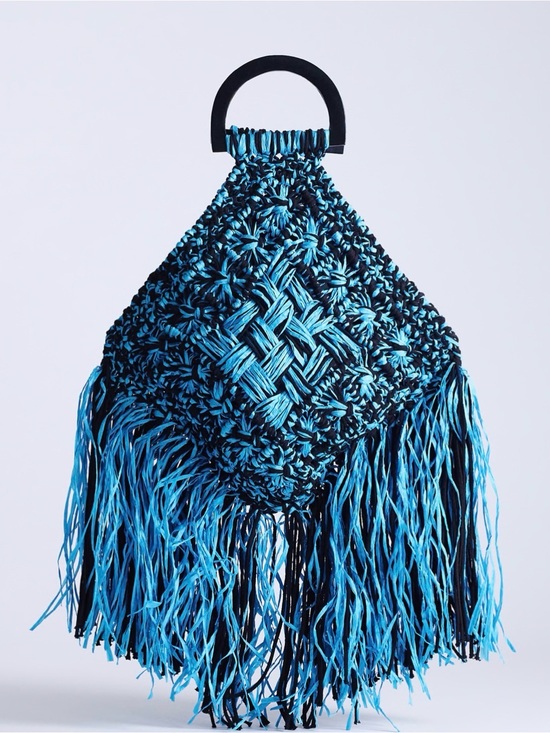 Topshop Handbags - Topshop Black and Bright Blue Woven Fringe Satchel